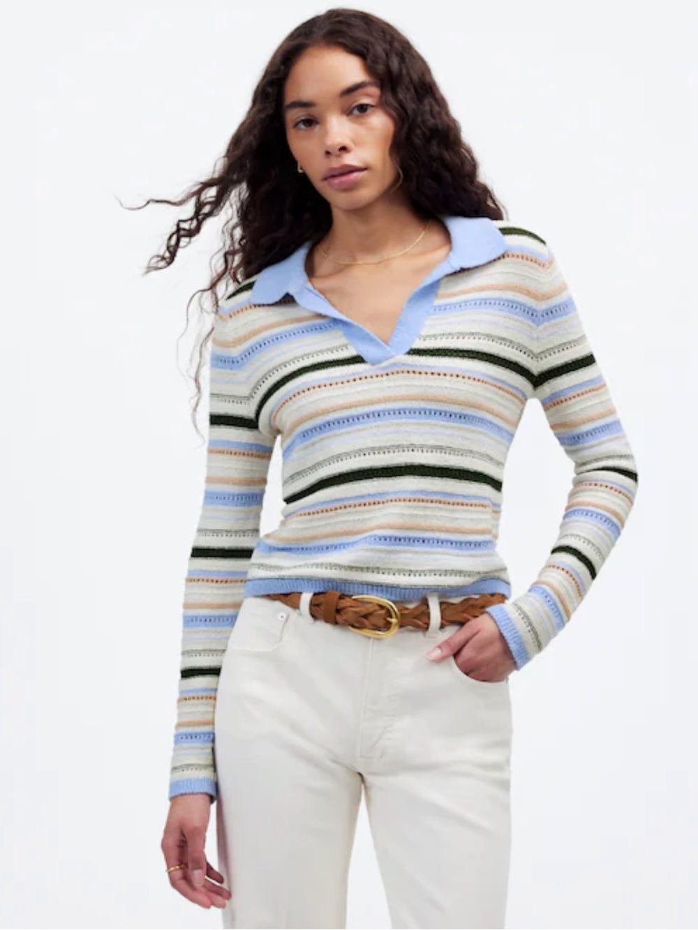 Madewell Textural Stitch Johnny Collar Sweater In Peri Blue Multi Stripe